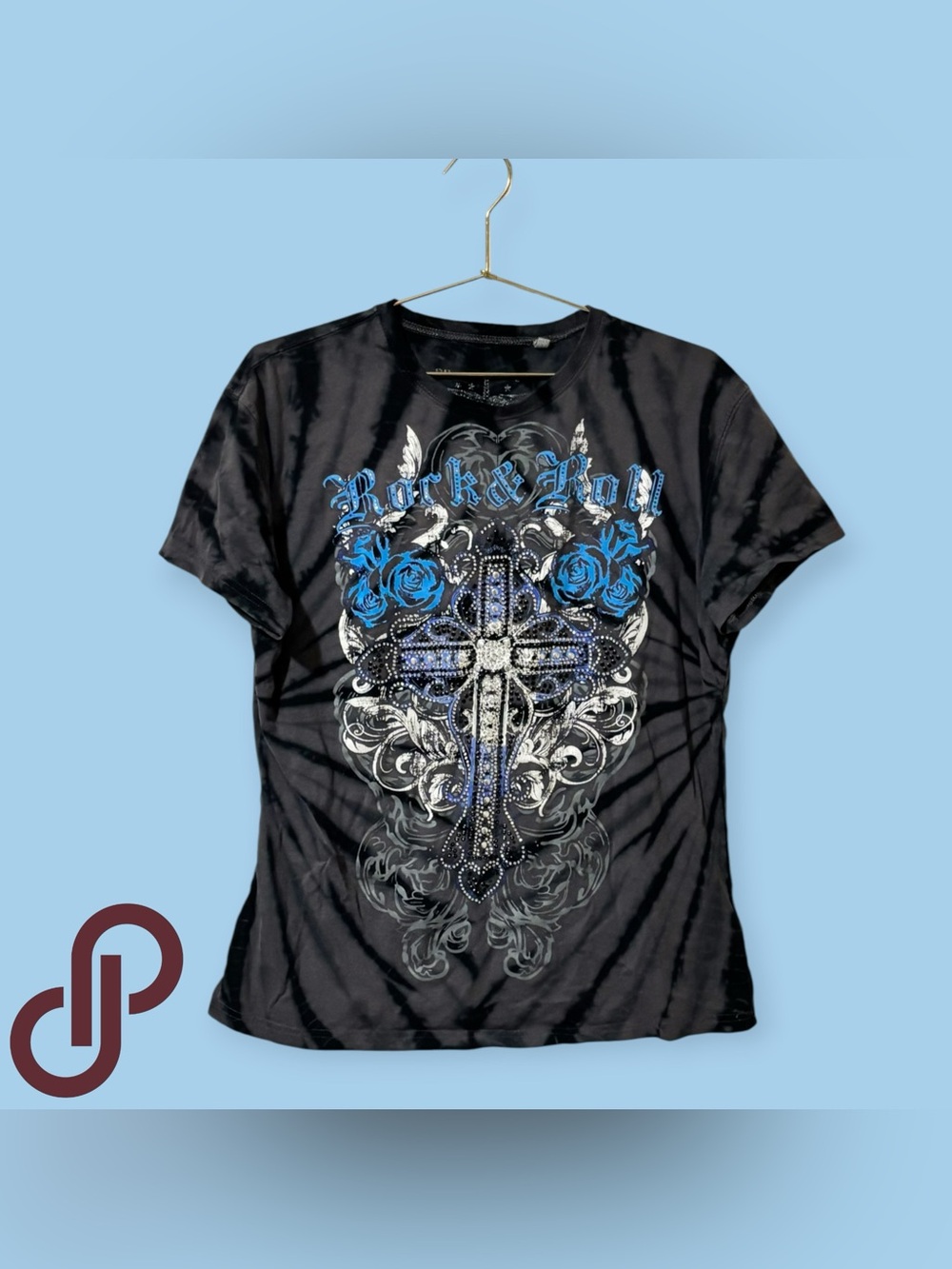 💀🧷 Lucky Brand Y2K Gothic Grunge Rhinestone Cross Tee Black Tie Dye 🧷💀
